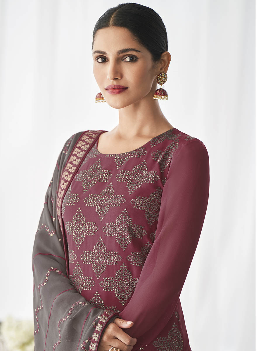 Myra Dusty Maroon and Dusty Grey Real Georgette Palazzo Style Suit