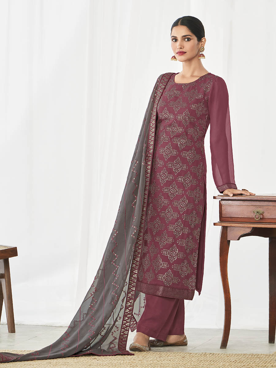 Myra Dusty Maroon and Dusty Grey Real Georgette Palazzo Style Suit