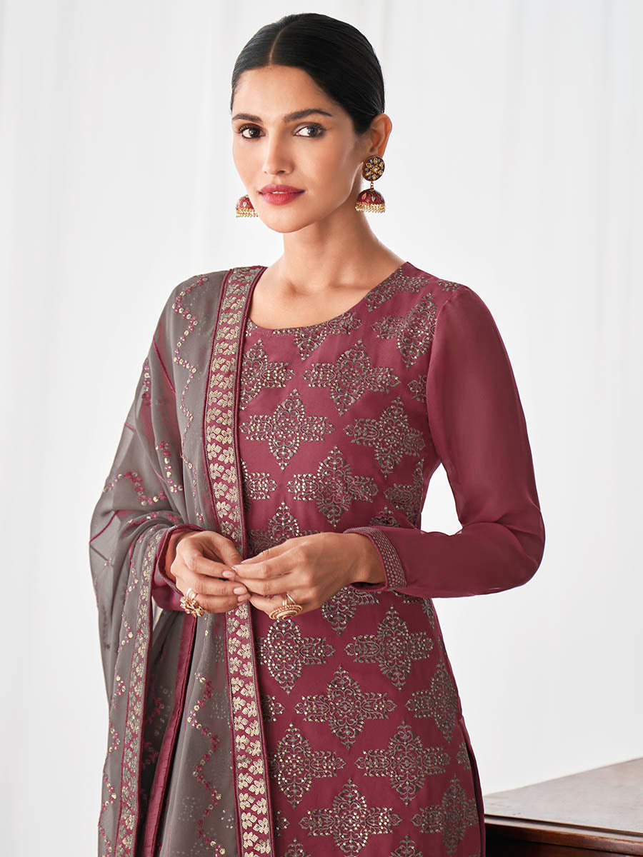 Myra Dusty Maroon and Dusty Grey Real Georgette Palazzo Style Suit
