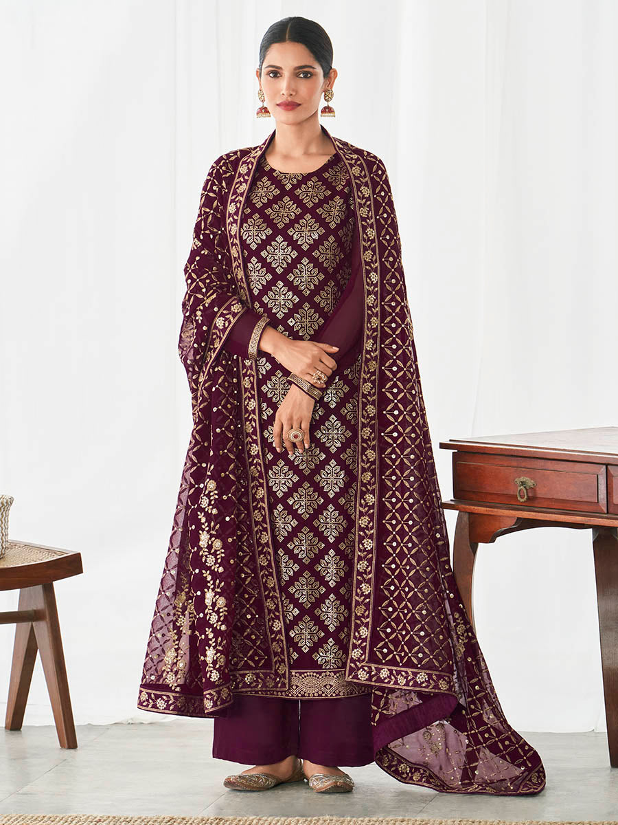 Myra Purple Real Georgette Palazzo Style Suit