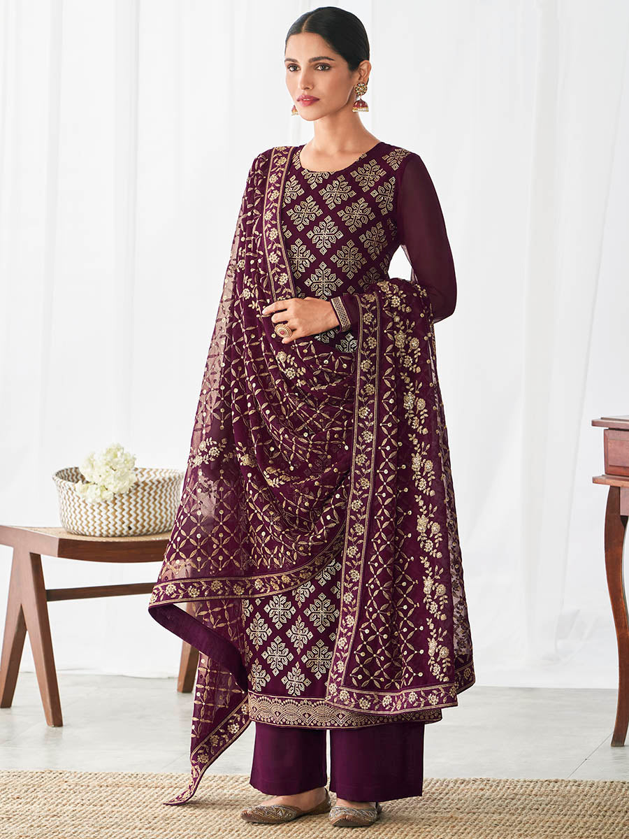 Myra Purple Real Georgette Palazzo Style Suit
