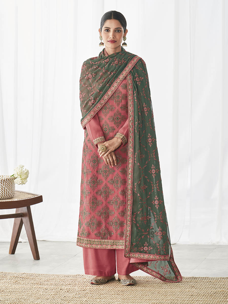 Myra Pink Real Georgette Palazzo Style Suit