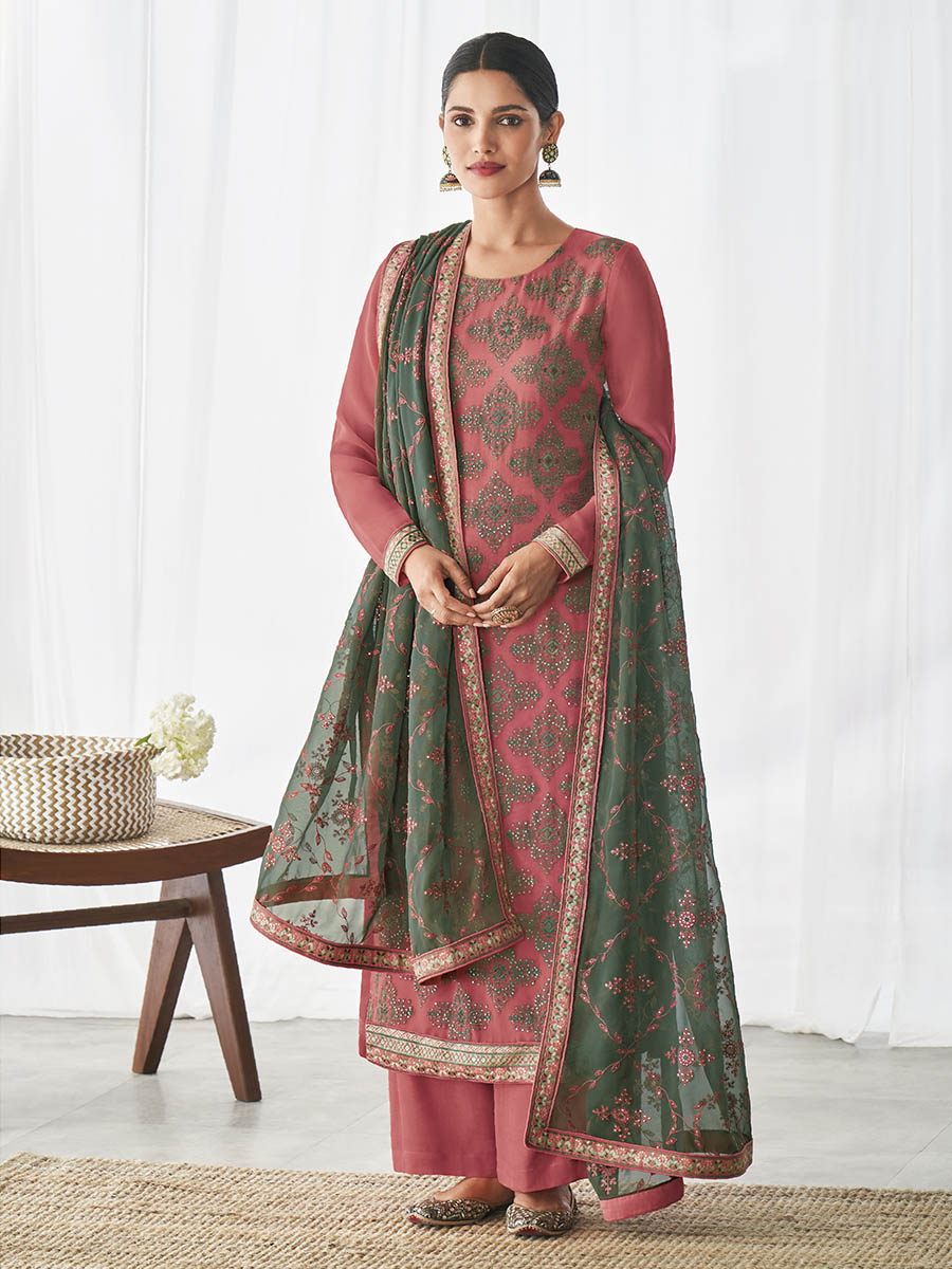 Myra Pink Real Georgette Palazzo Style Suit
