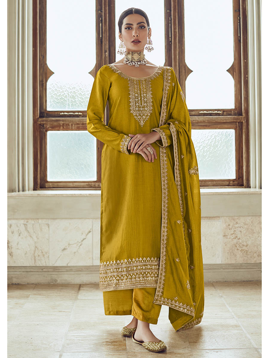 Myra Mustard Yellow Premium Silk Embroidered Pant Style Suit - Distacart