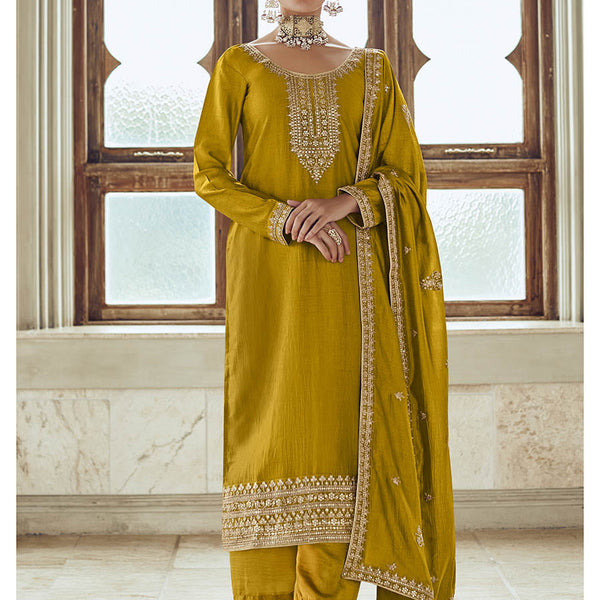 Myra Mustard Yellow Premium Silk Embroidered Pant Style Suit - Distacart