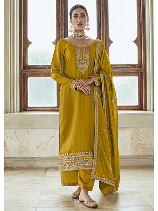 Myra Mustard Yellow Premium Silk Embroidered Pant Style Suit - Distacart