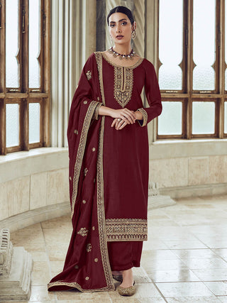 Myra Maroon Premium Silk Embroidered Pant Style Suit - Distacart