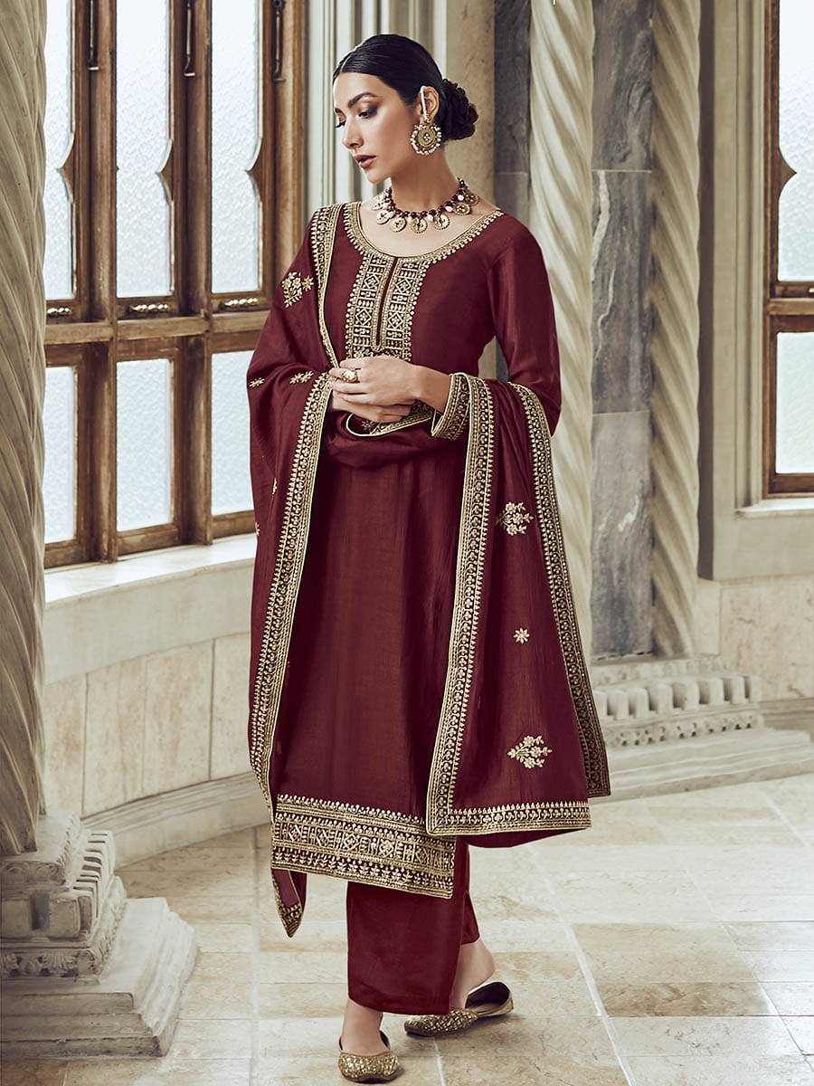Myra Maroon Premium Silk Embroidered Pant Style Suit - Distacart