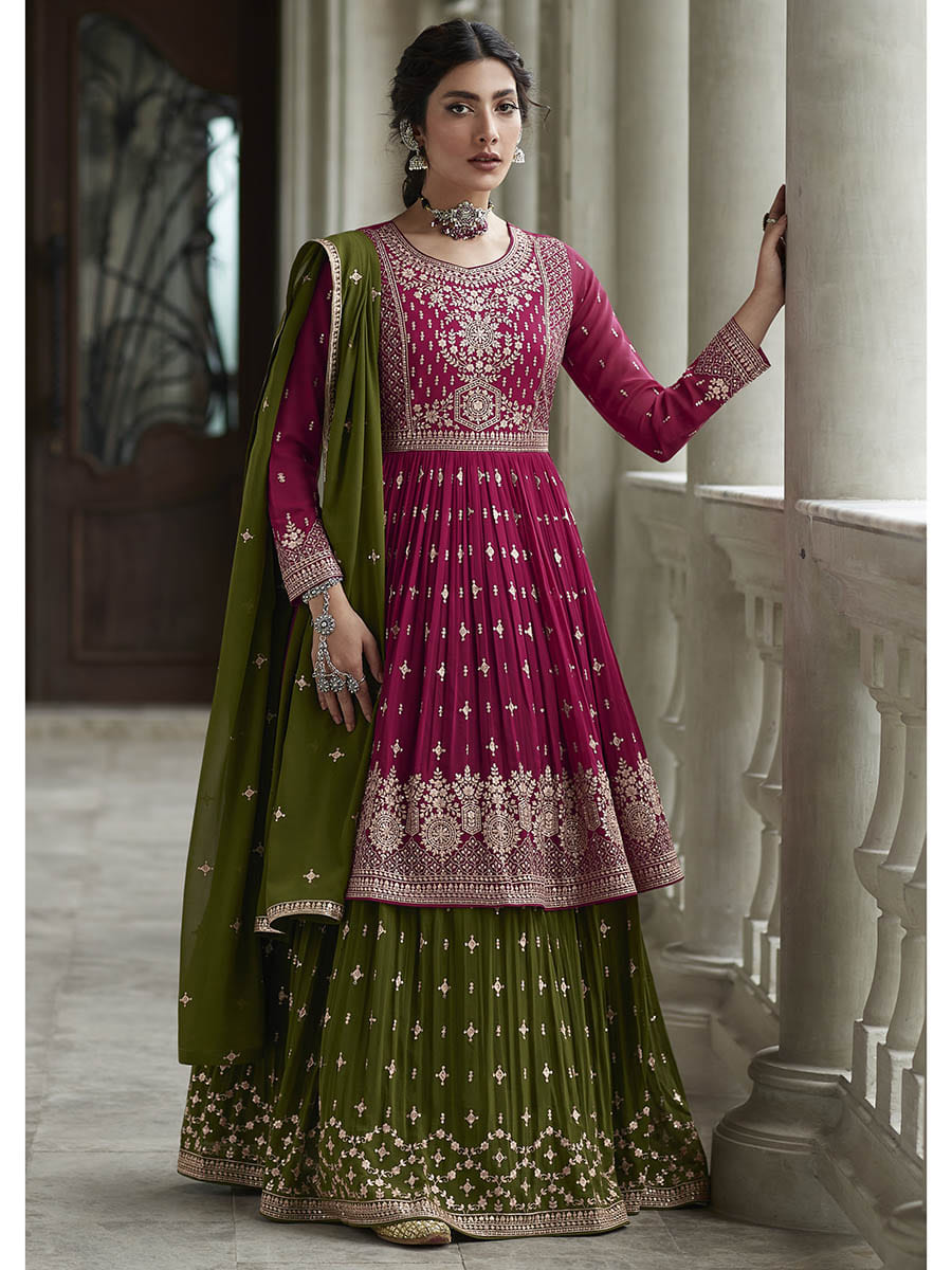 Myra Mehendi and Rani Georgette Skirt Style Embroidered Suit - Distacart