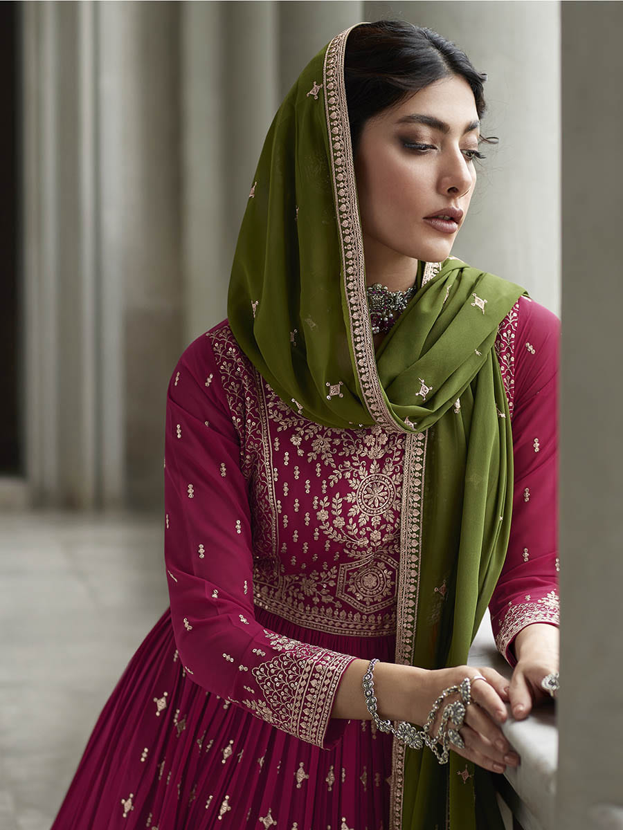 Myra Mehendi and Rani Georgette Skirt Style Embroidered Suit - Distacart