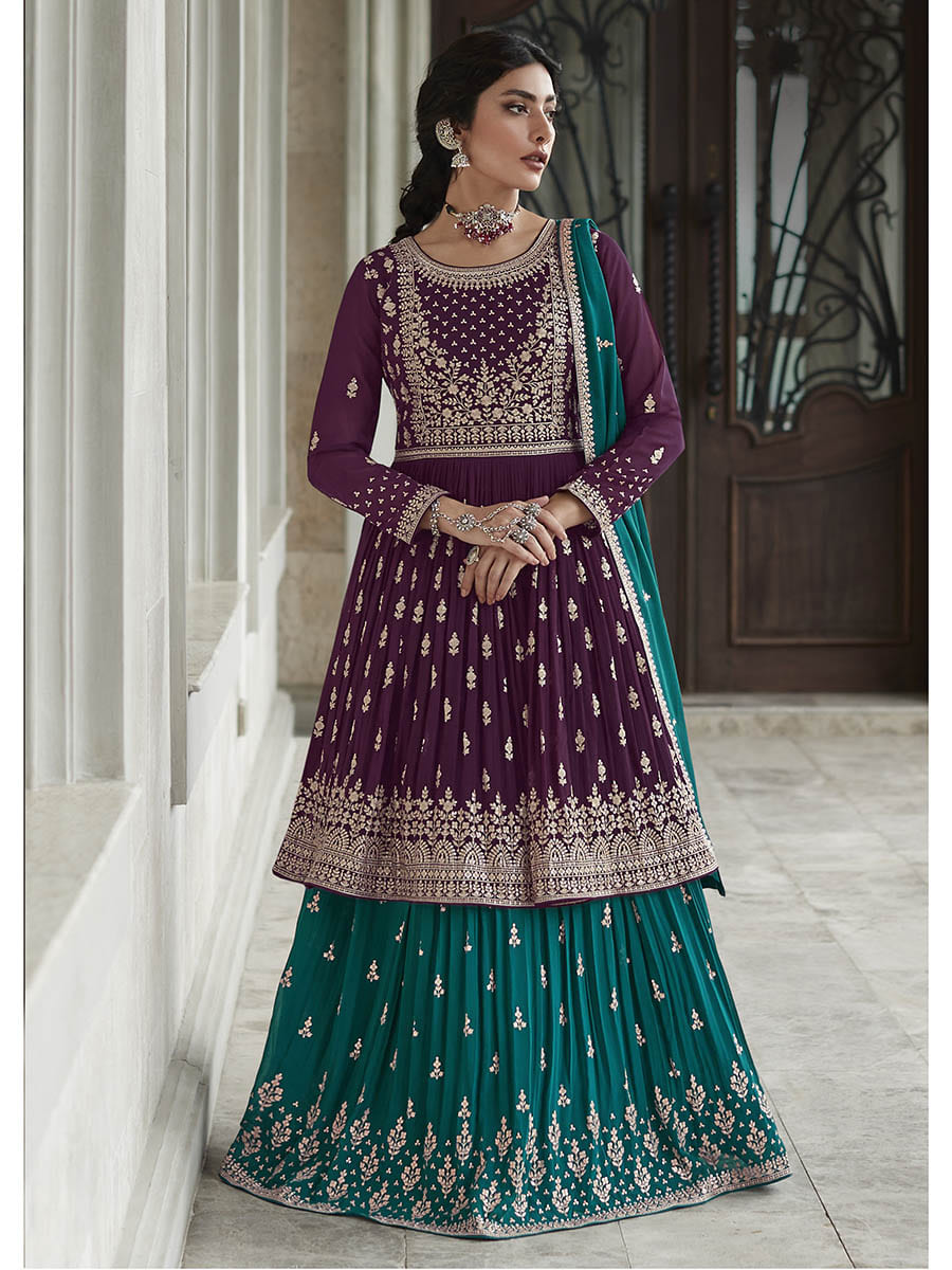 Myra Violet and Firozi Georgette Skirt Style Embroidered Suit - Distacart