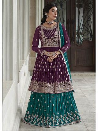 Myra Violet and Firozi Georgette Skirt Style Embroidered Suit - Distacart