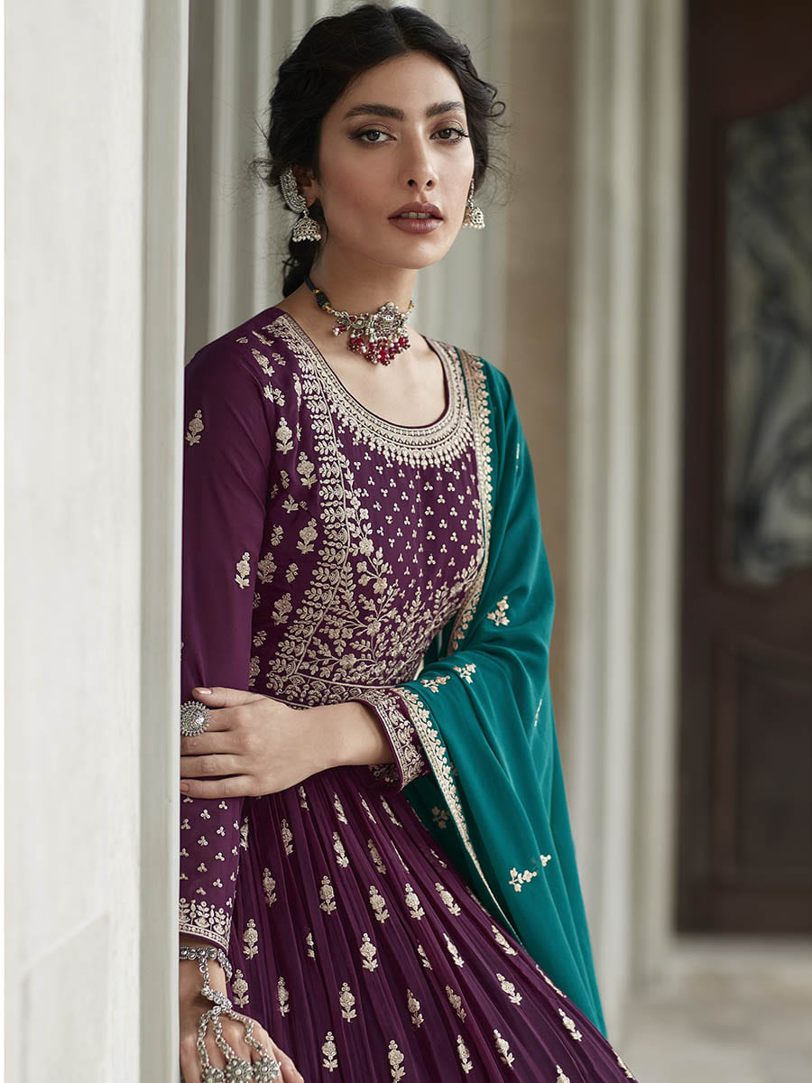 Myra Violet and Firozi Georgette Skirt Style Embroidered Suit - Distacart