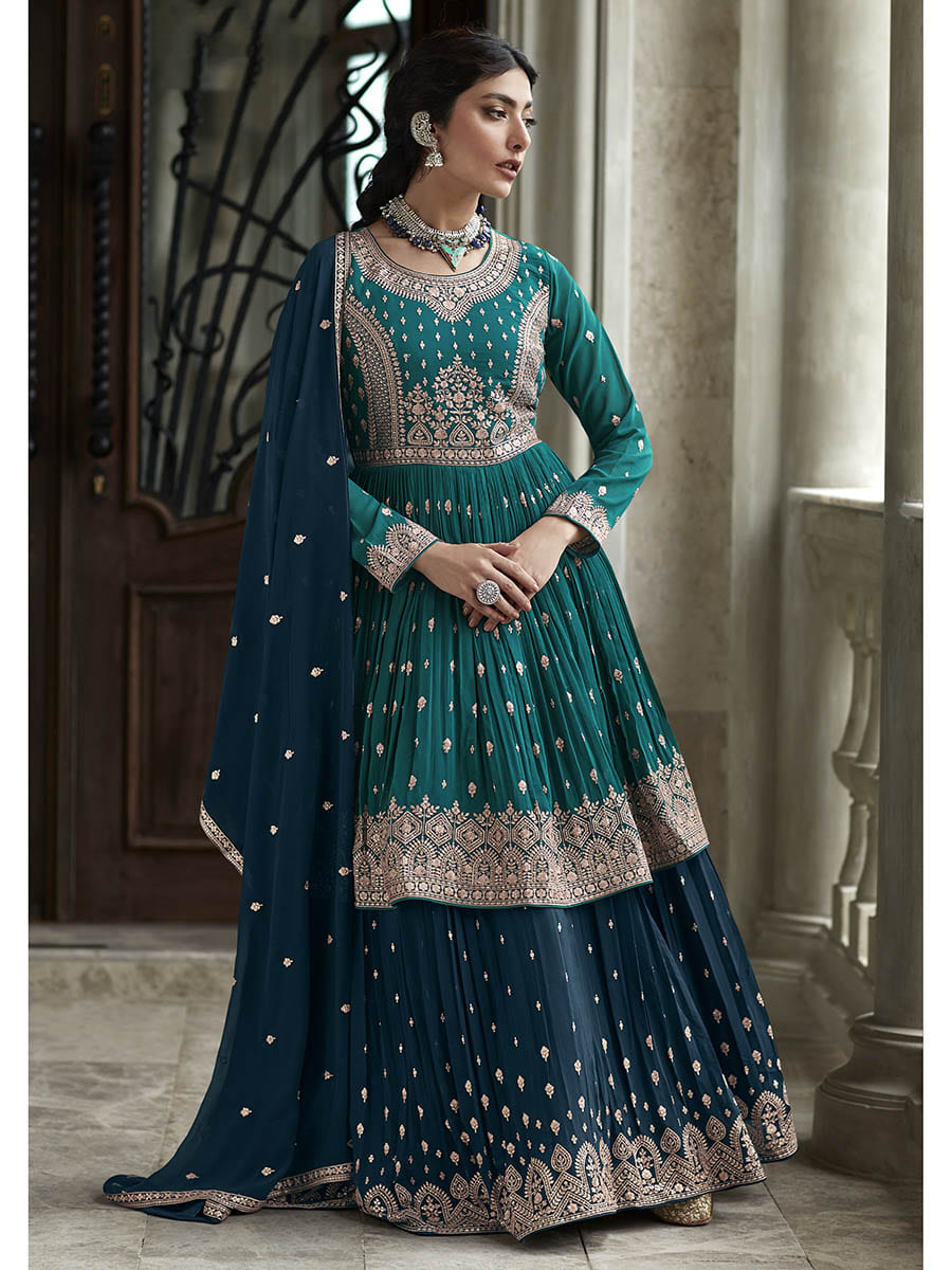 Myra Navy and Firozi Georgette Skirt Style Embroidered Suit - Distacart