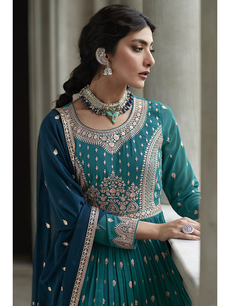 Myra Navy and Firozi Georgette Skirt Style Embroidered Suit - Distacart