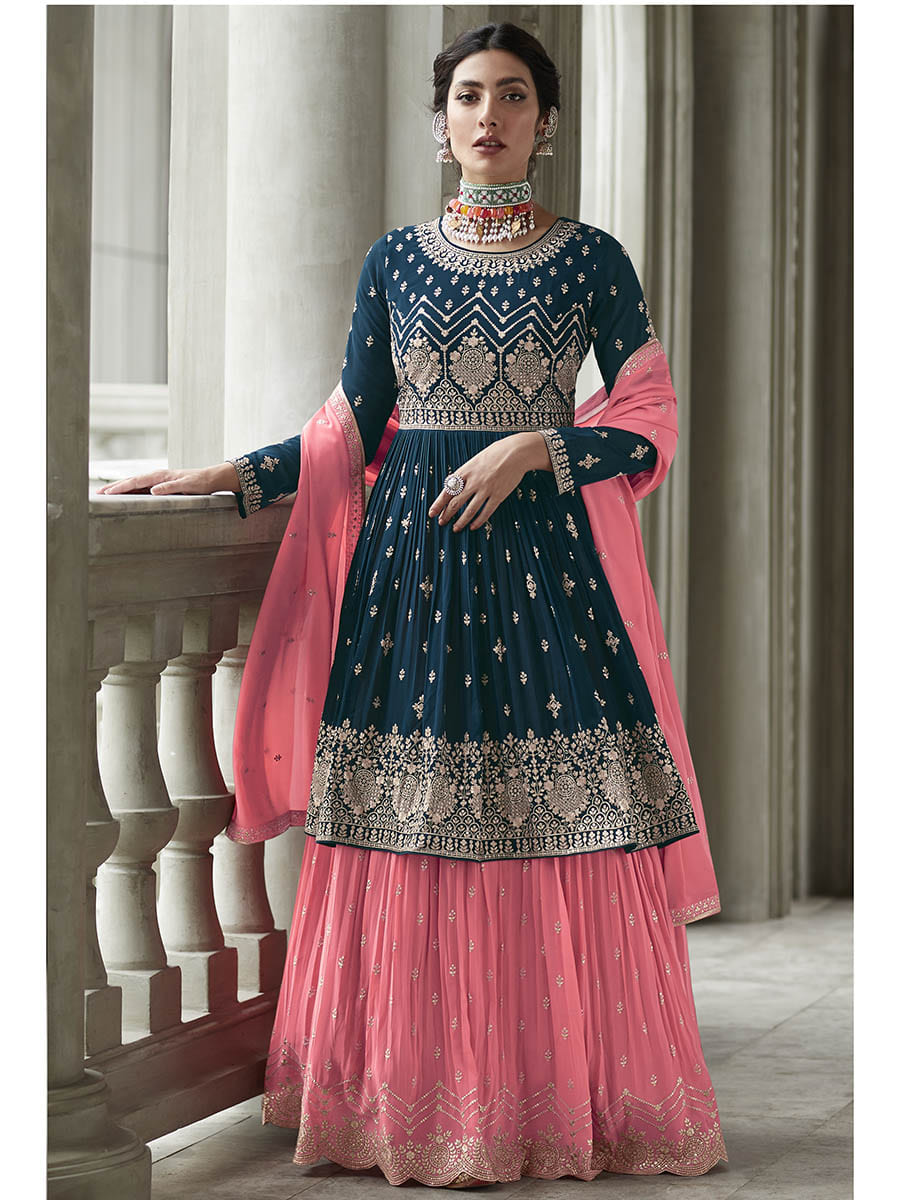 Myra Navy and Pink Georgette Skirt Style Embroidered Suit - Distacart