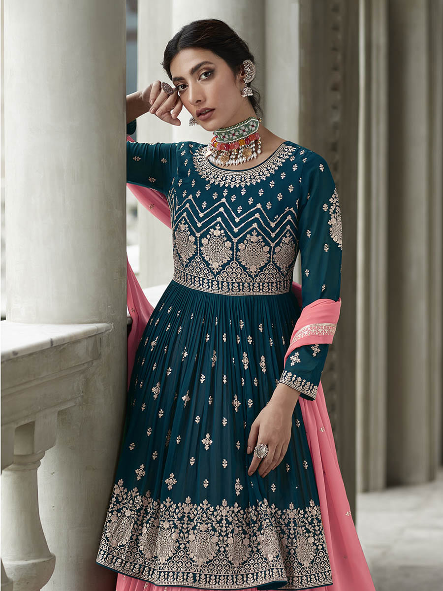 Myra Navy and Pink Georgette Skirt Style Embroidered Suit - Distacart