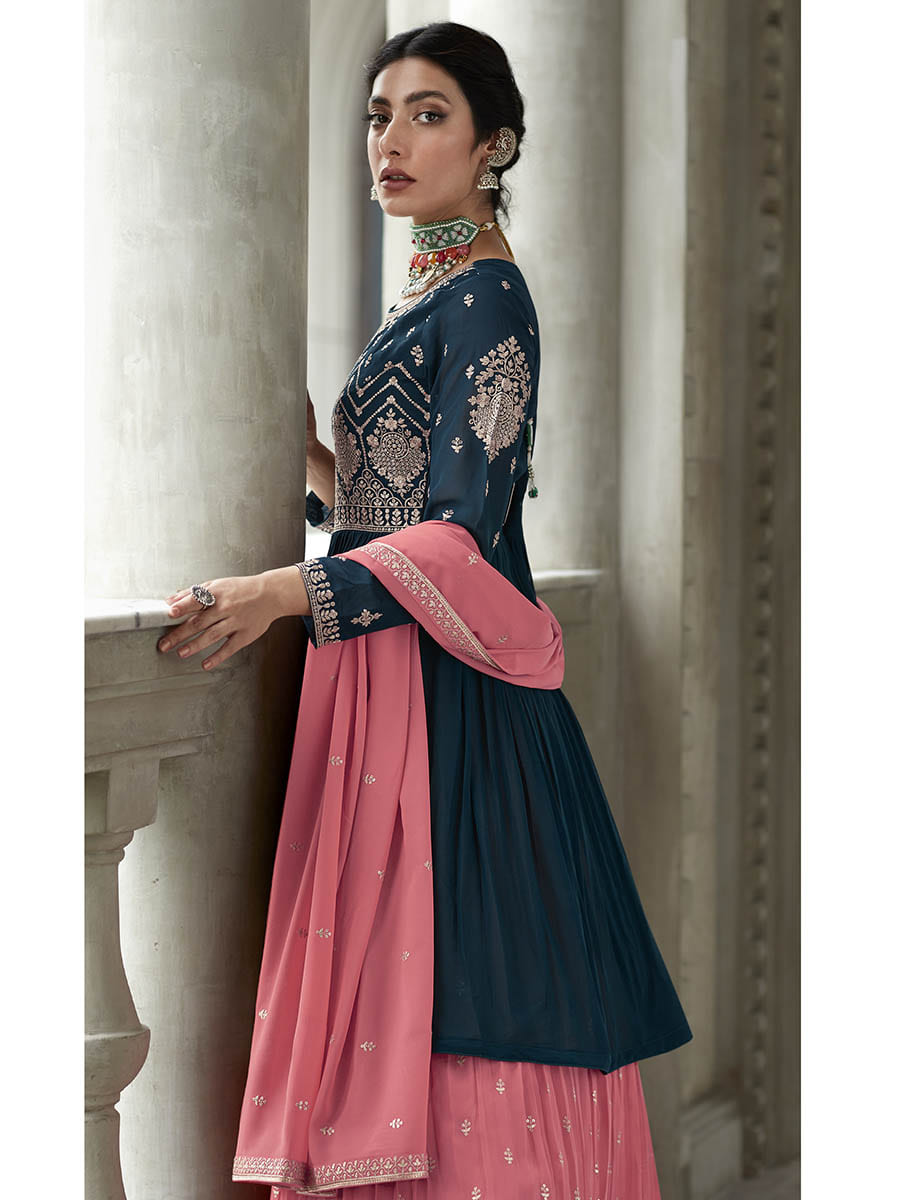 Myra Navy and Pink Georgette Skirt Style Embroidered Suit - Distacart
