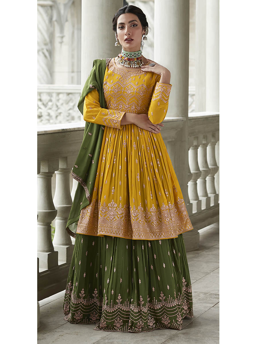 Myra Mehendi and Mustard Yellow Georgette Skirt Style Embroidered Suit - Distacart
