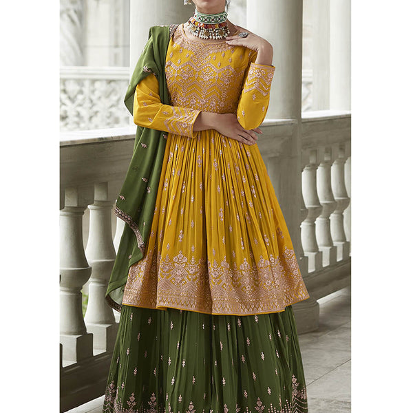 Myra Mehendi and Mustard Yellow Georgette Skirt Style Embroidered Suit - Distacart