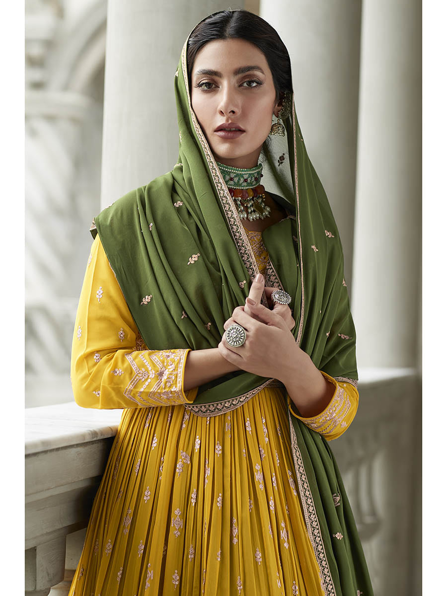 Myra Mehendi and Mustard Yellow Georgette Skirt Style Embroidered Suit - Distacart