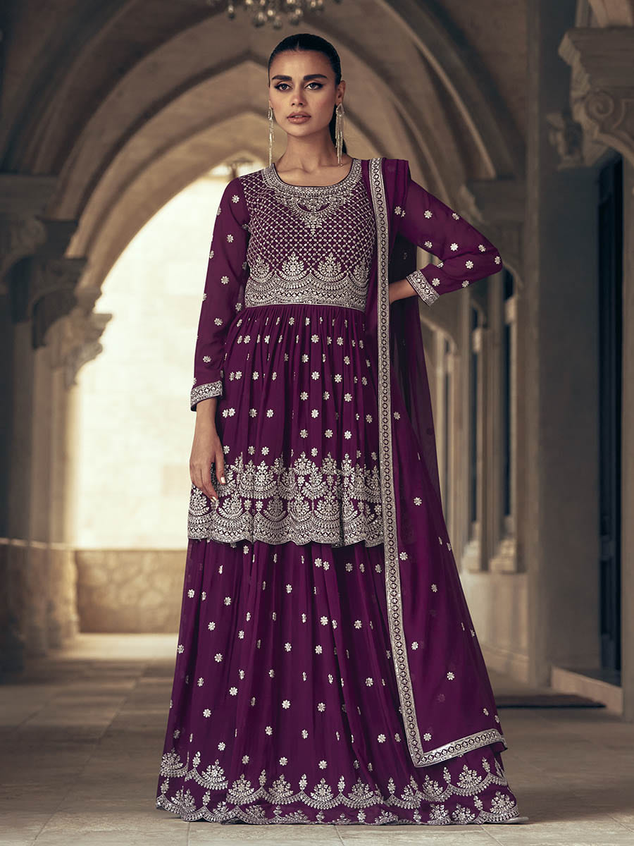 Myra Purple Real Georgette Gharara Style Embroidered Suit - Distacart