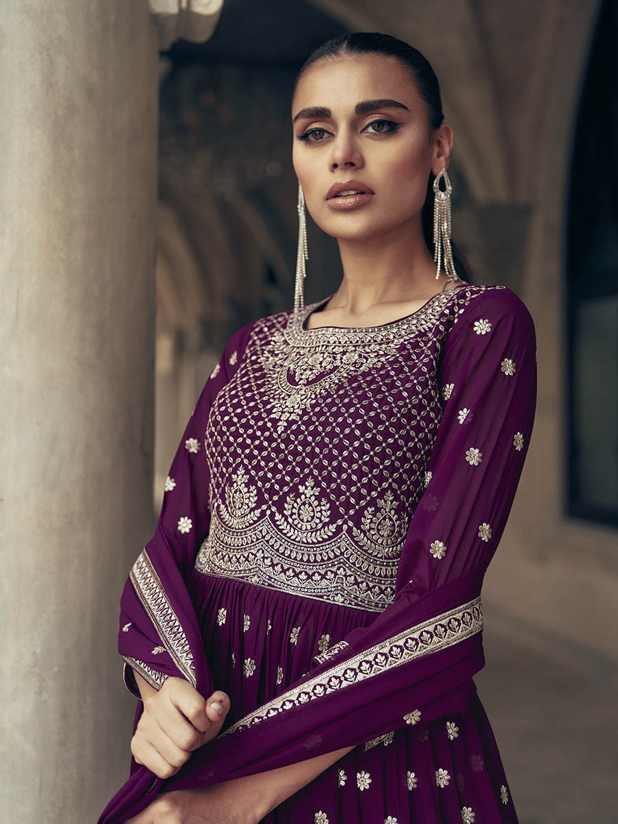 Myra Purple Real Georgette Gharara Style Embroidered Suit - Distacart