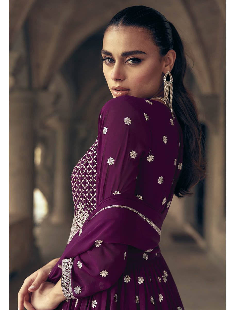 Myra Purple Real Georgette Gharara Style Embroidered Suit - Distacart