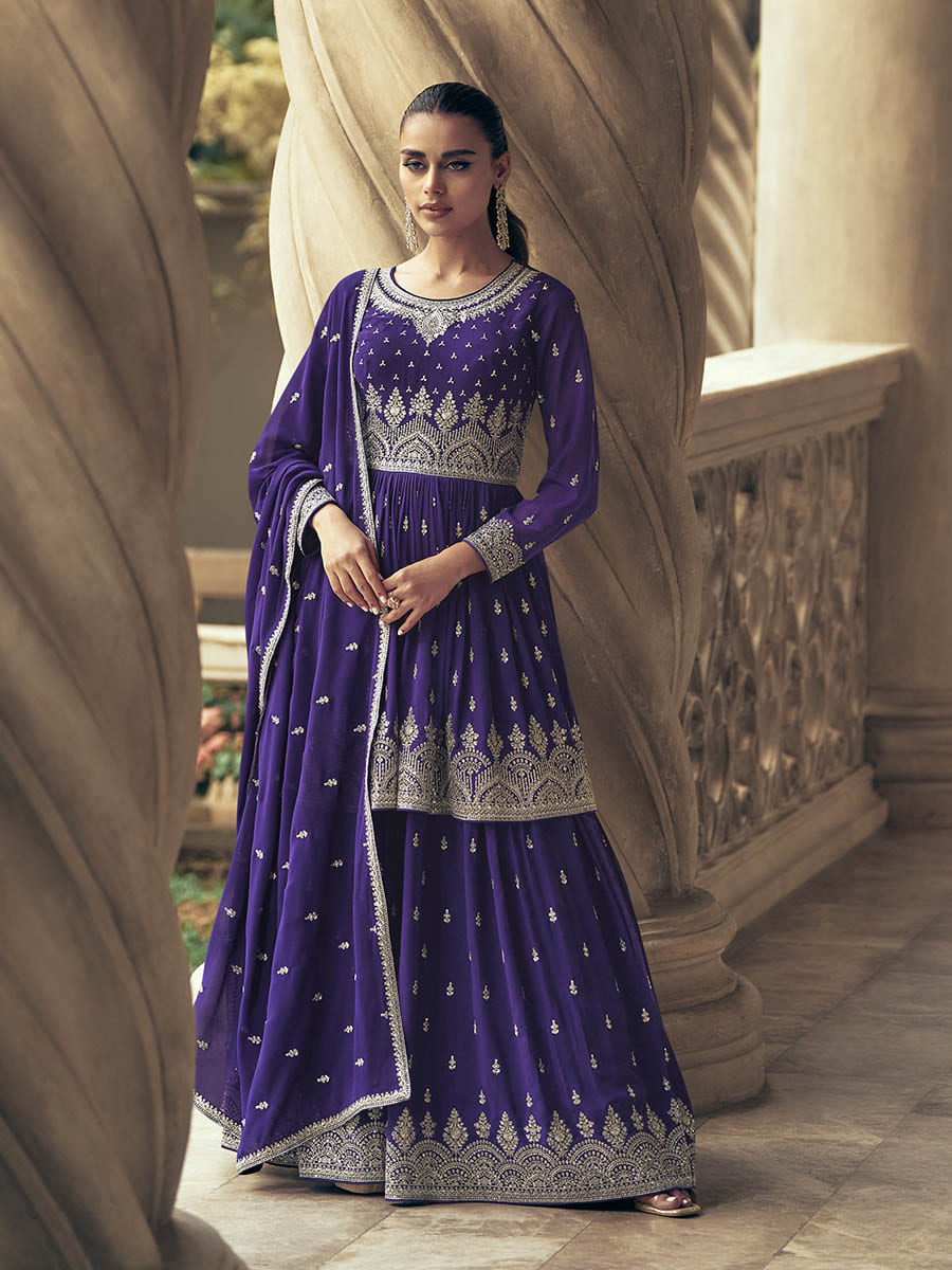 Myra Violet Real Georgette Gharara Style Embroidered Suit - Distacart