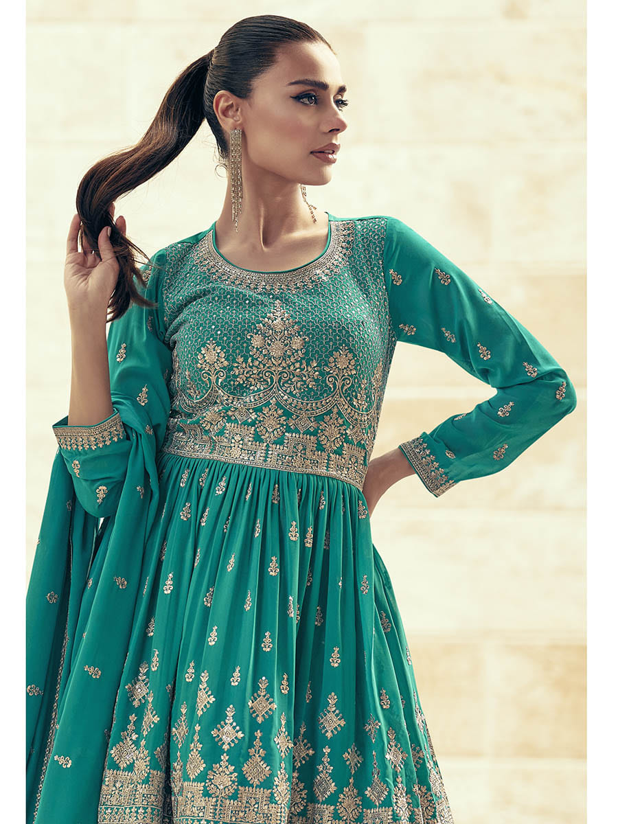 Myra Sea Green Real Georgette Gharara Style Embroidered Suit - Distacart