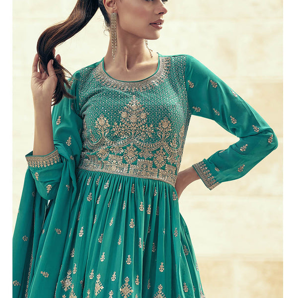 Myra Sea Green Real Georgette Gharara Style Embroidered Suit - Distacart