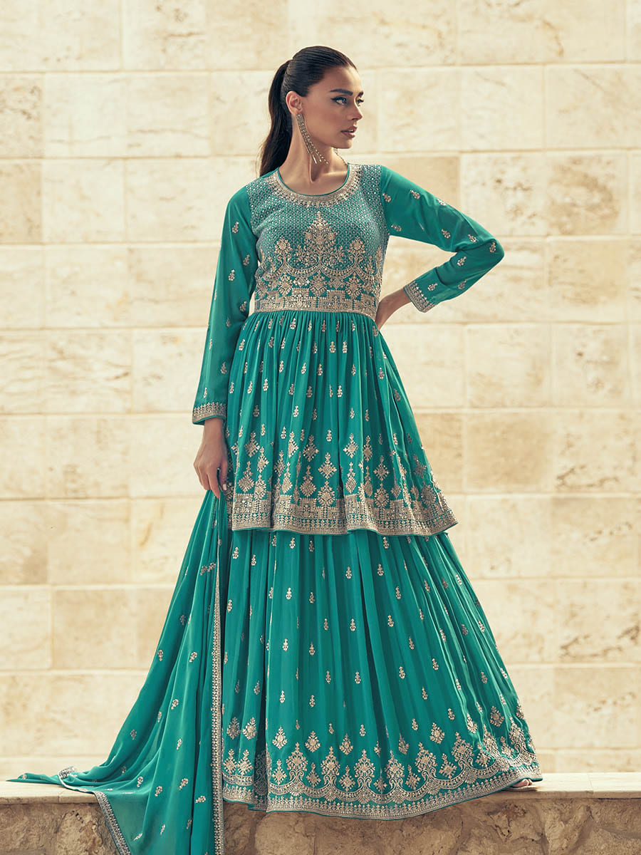 Myra Sea Green Real Georgette Gharara Style Embroidered Suit - Distacart