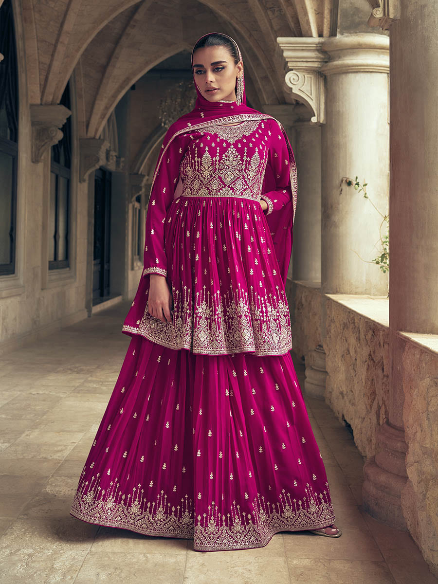 Myra Rani Real Georgette Gharara Style Embroidered Suit - Distacart