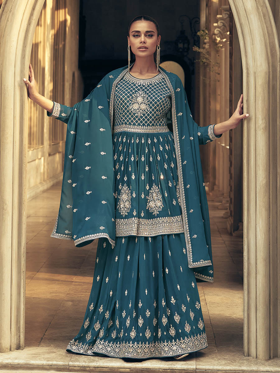 Myra Firozi Real Georgette Gharara Style Embroidered Suit - Distacart