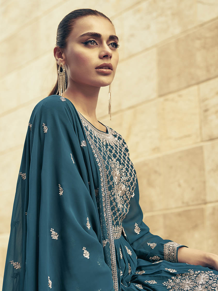 Myra Firozi Real Georgette Gharara Style Embroidered Suit - Distacart