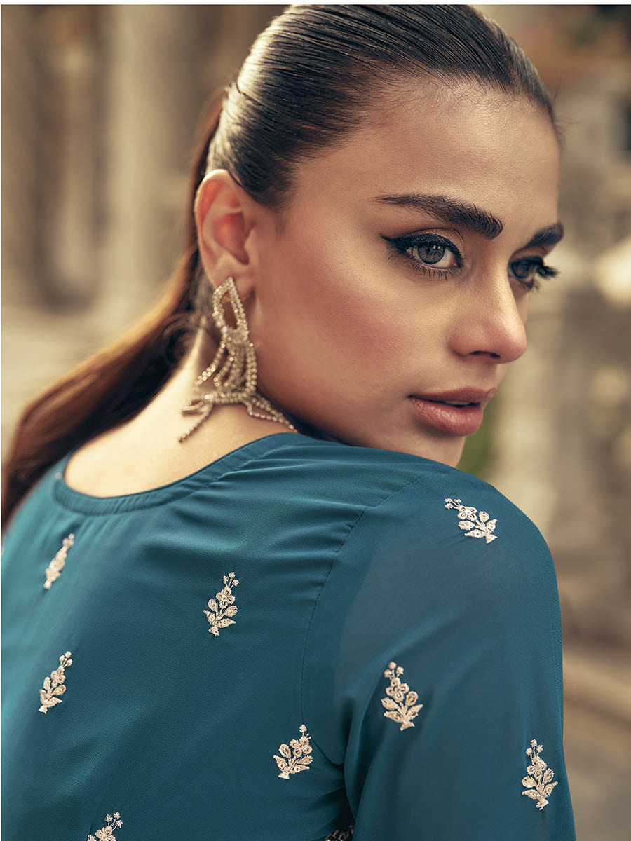 Myra Firozi Real Georgette Gharara Style Embroidered Suit - Distacart