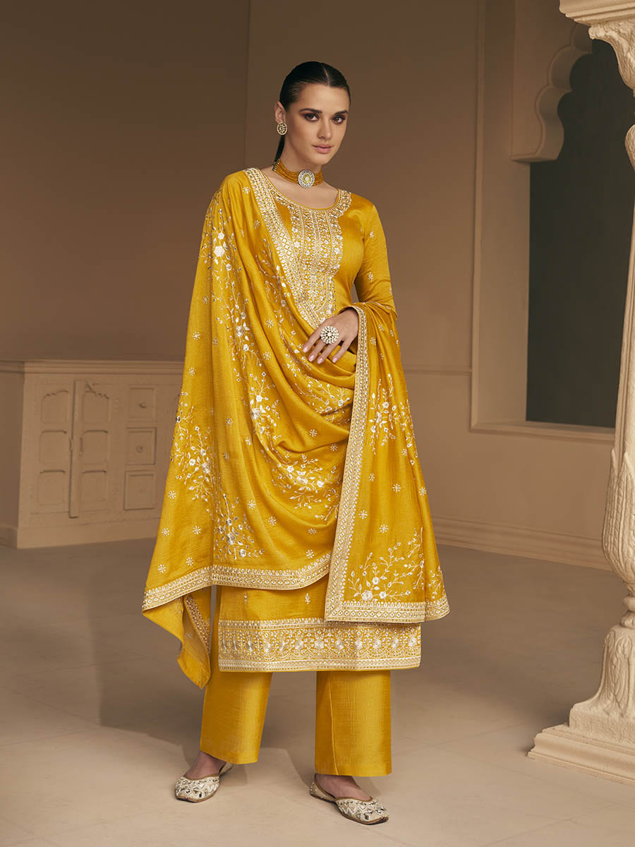 Myra Mustard Yellow Premium Silk Embroidered Pant Style Suit - Distacart