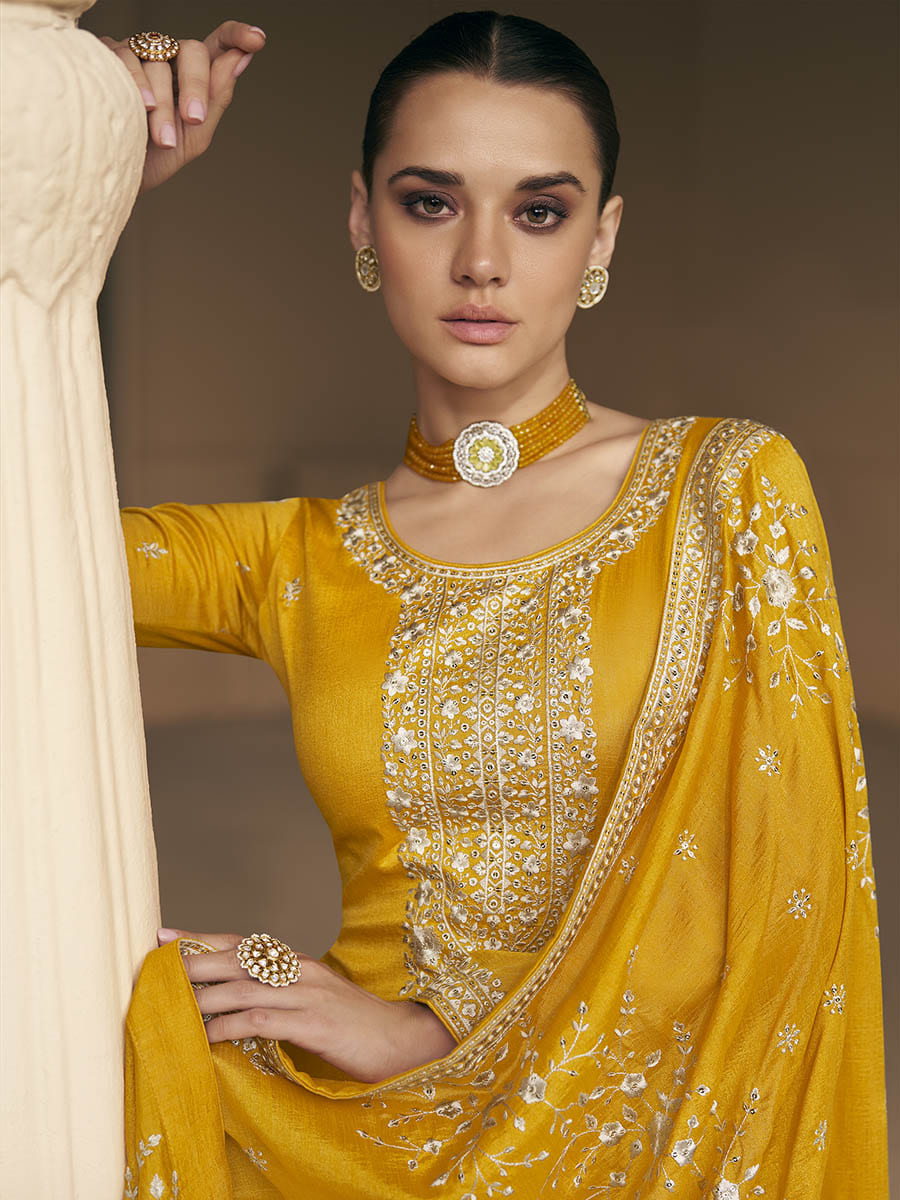 Myra Mustard Yellow Premium Silk Embroidered Pant Style Suit - Distacart
