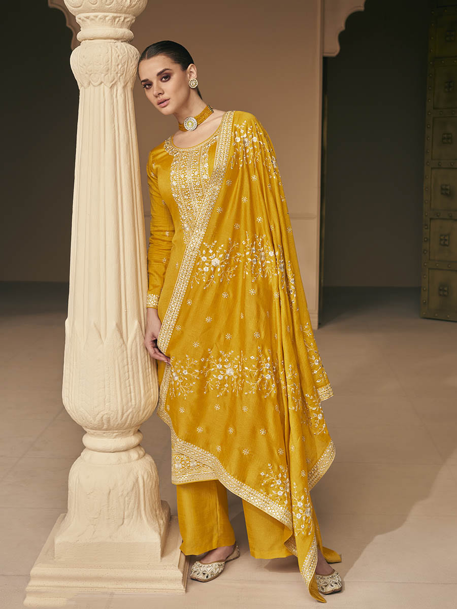 Myra Mustard Yellow Premium Silk Embroidered Pant Style Suit - Distacart