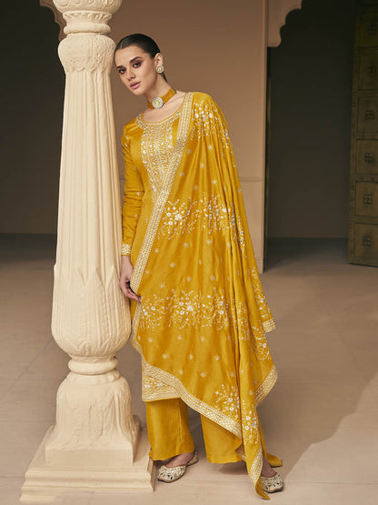 Myra Mustard Yellow Premium Silk Embroidered Pant Style Suit - Distacart