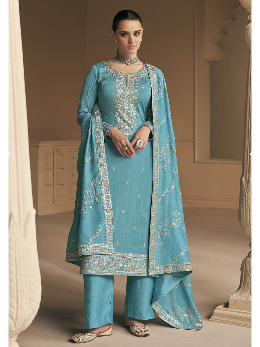 Myra Sky Blue Premium Silk Embroidered Pant Style Suit - Distacart