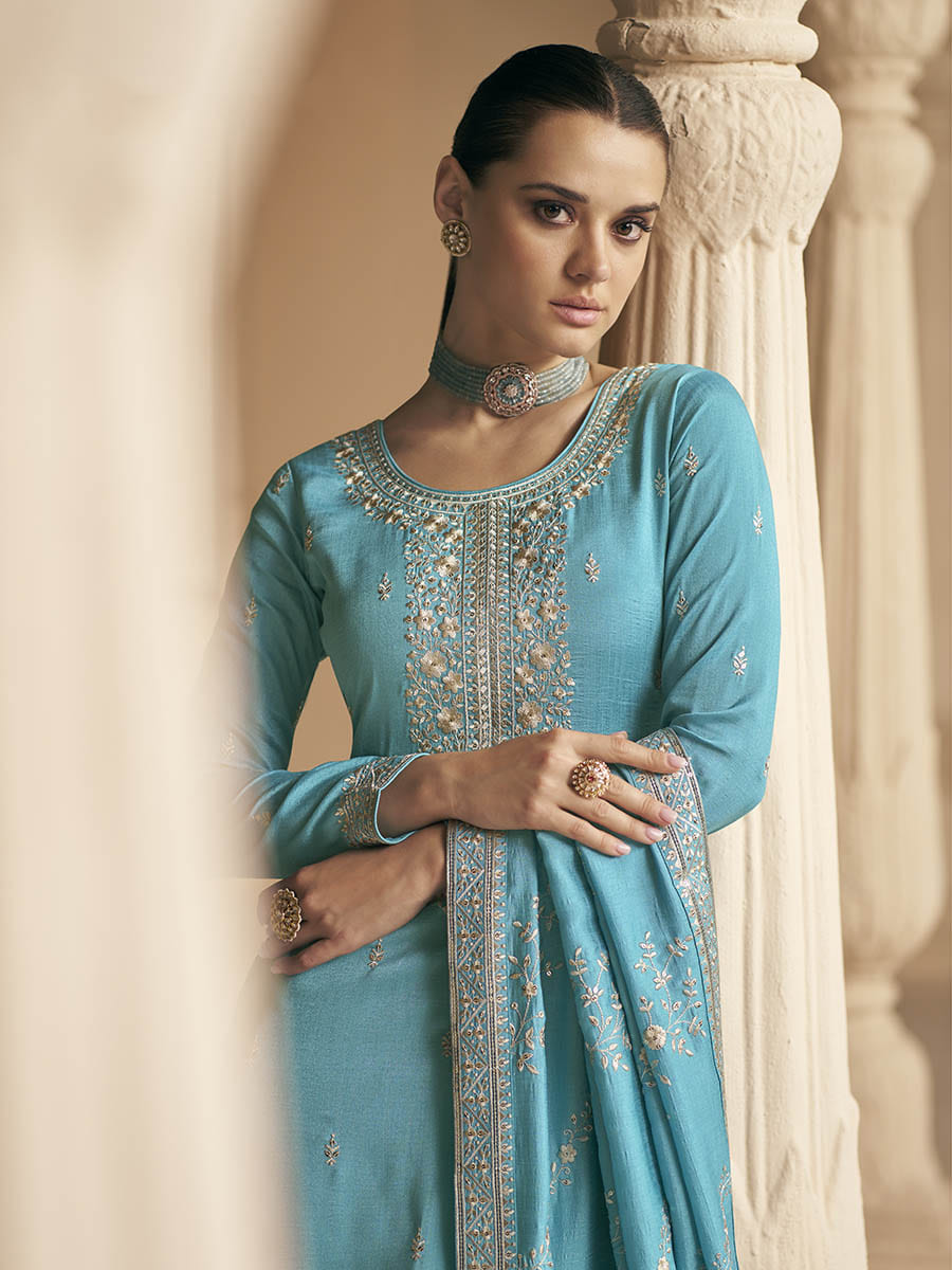 Myra Sky Blue Premium Silk Embroidered Pant Style Suit - Distacart