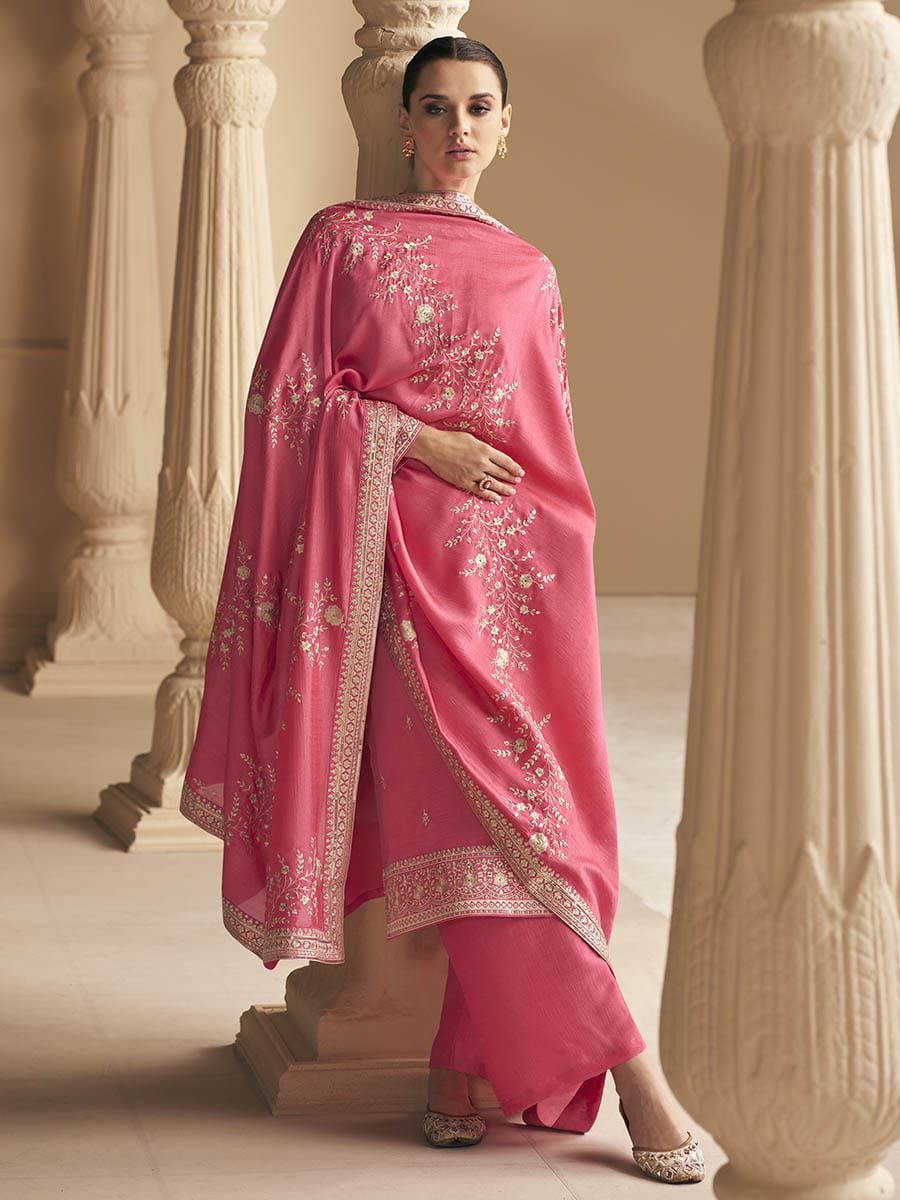 Myra Coral Premium Silk Embroidered Pant Style Suit - Distacart