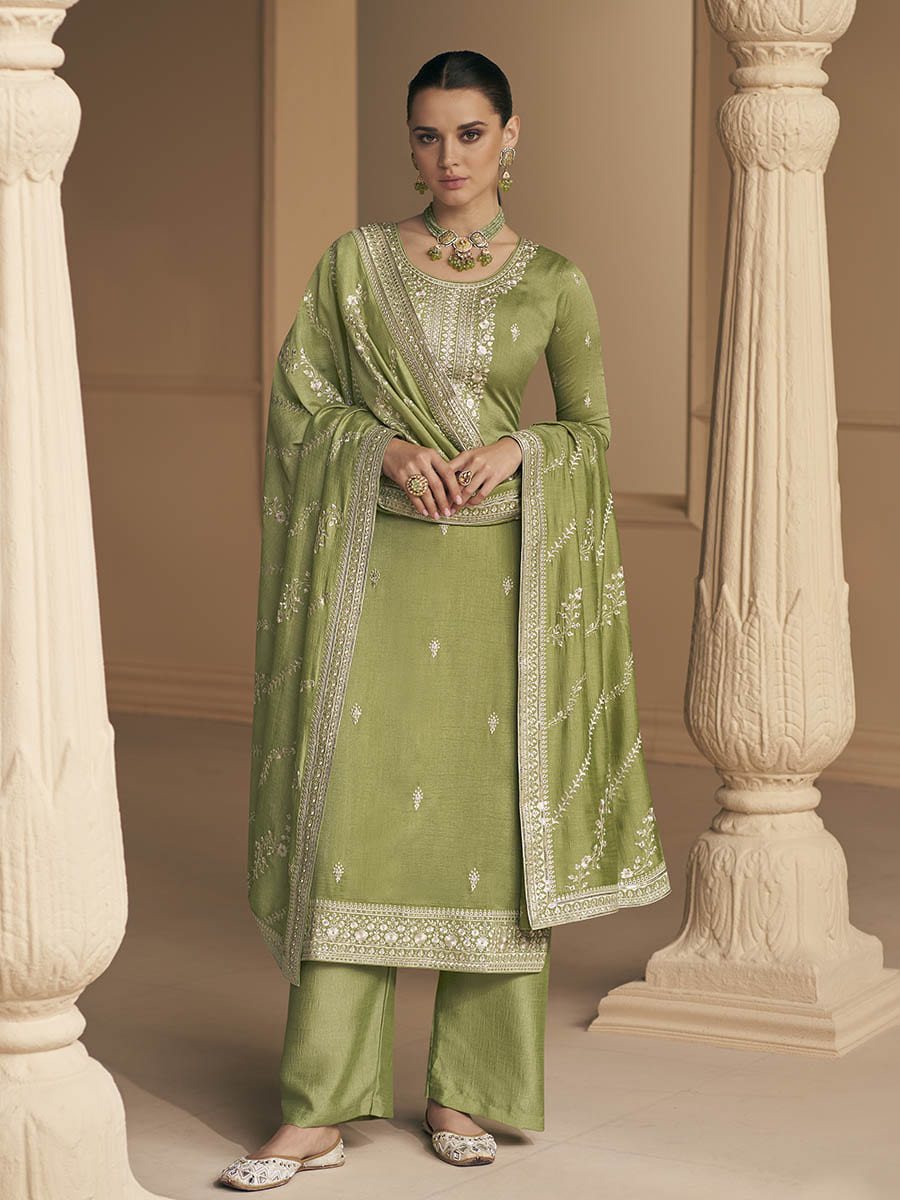 Myra Pista Green Premium Silk Embroidered Pant Style Suit - Distacart