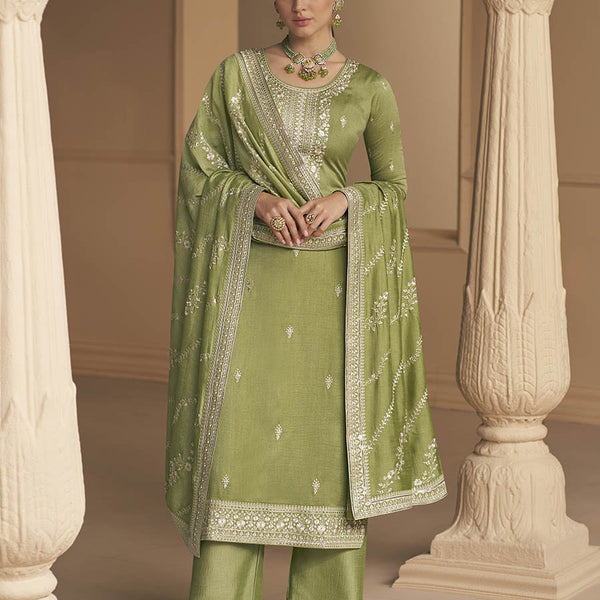 Myra Pista Green Premium Silk Embroidered Pant Style Suit - Distacart