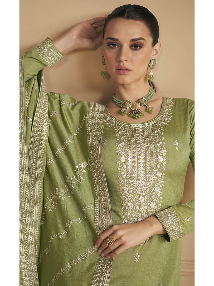 Myra Pista Green Premium Silk Embroidered Pant Style Suit - Distacart