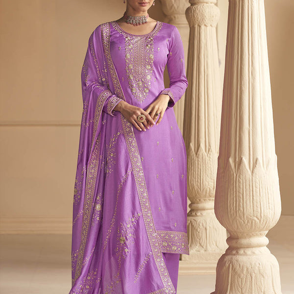 Myra Purple Premium Silk Embroidered Pant Style Suit - Distacart