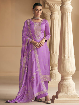 Myra Purple Premium Silk Embroidered Pant Style Suit - Distacart