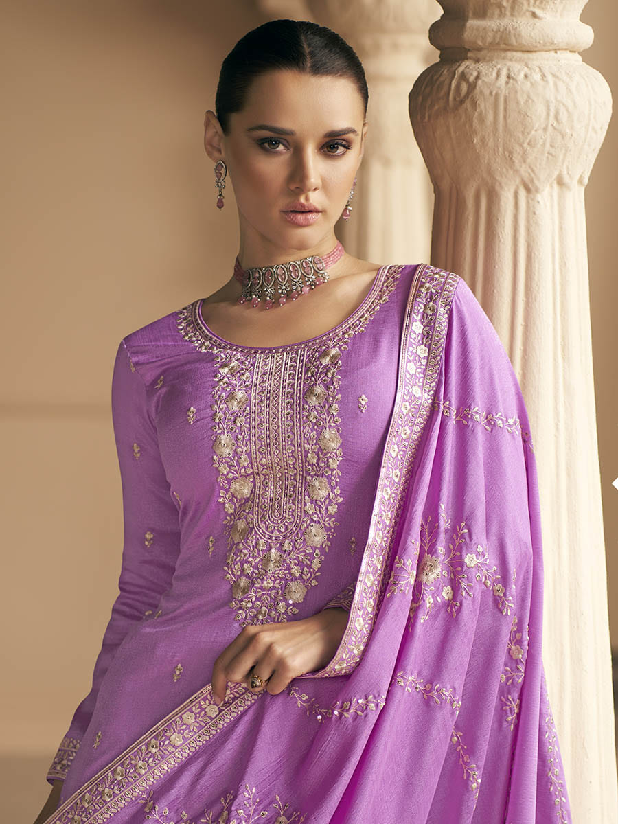 Myra Purple Premium Silk Embroidered Pant Style Suit - Distacart
