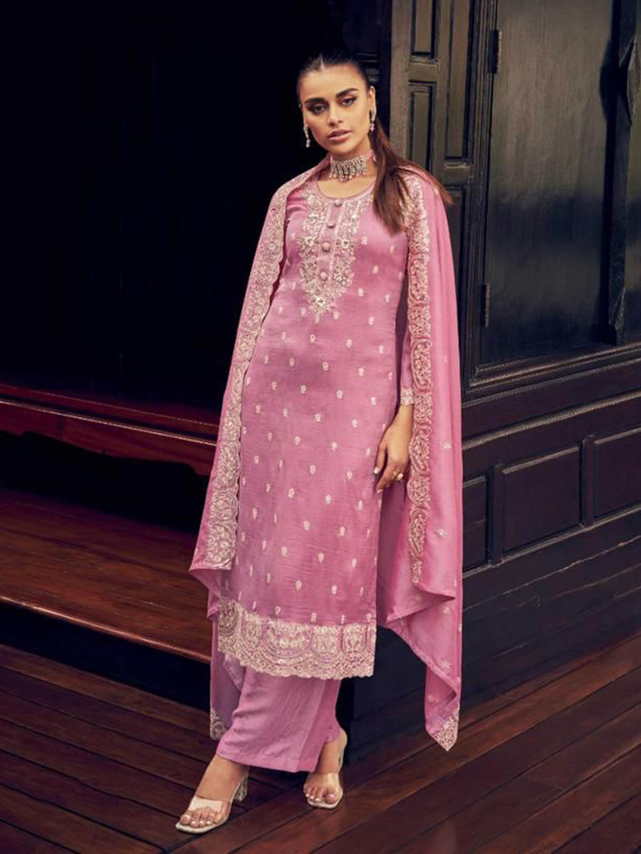Myra Dusty Pink Premium Silk Embroidered Suit - Distacart